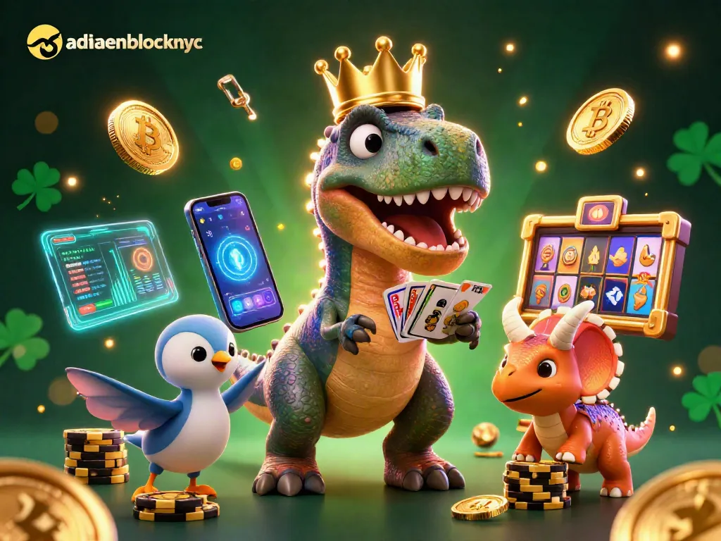 Join the fun at adriaenblocknyc as T-Rex shuffles cards surrounded by thrilling slot machines.