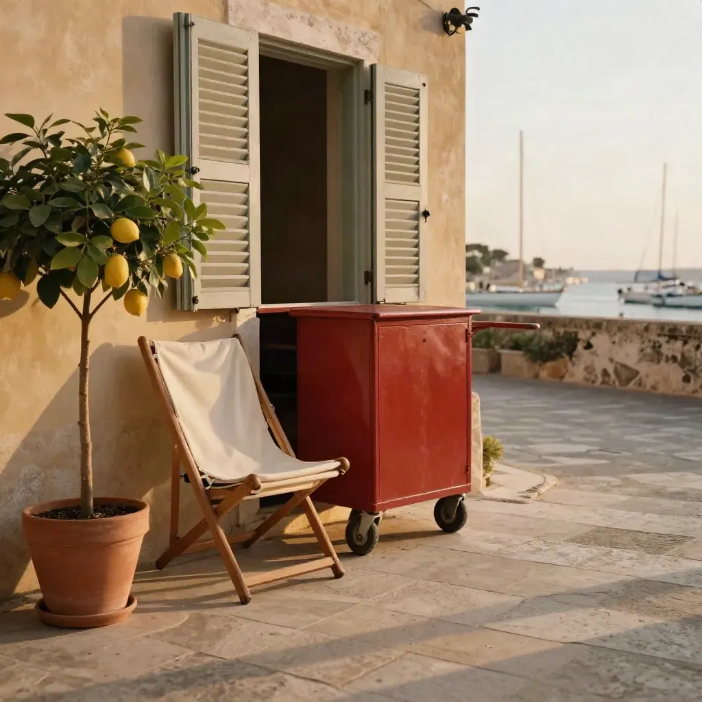 Terrazza barese con trolley rosso mattone, persiane aperte e vaso di limone al tramonto.
