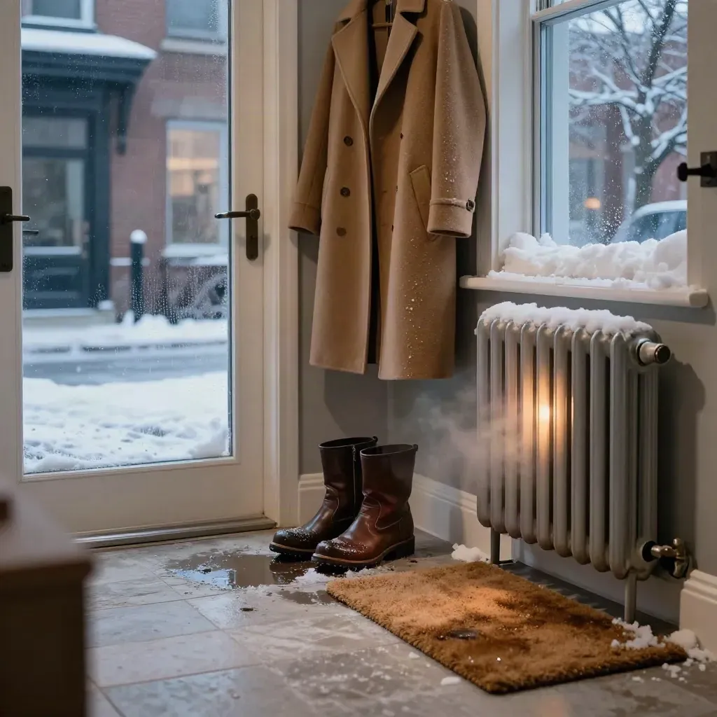 Ingresso di casa a Toronto con stivali bagnati, cappotto e neve sul vetro al tramonto.