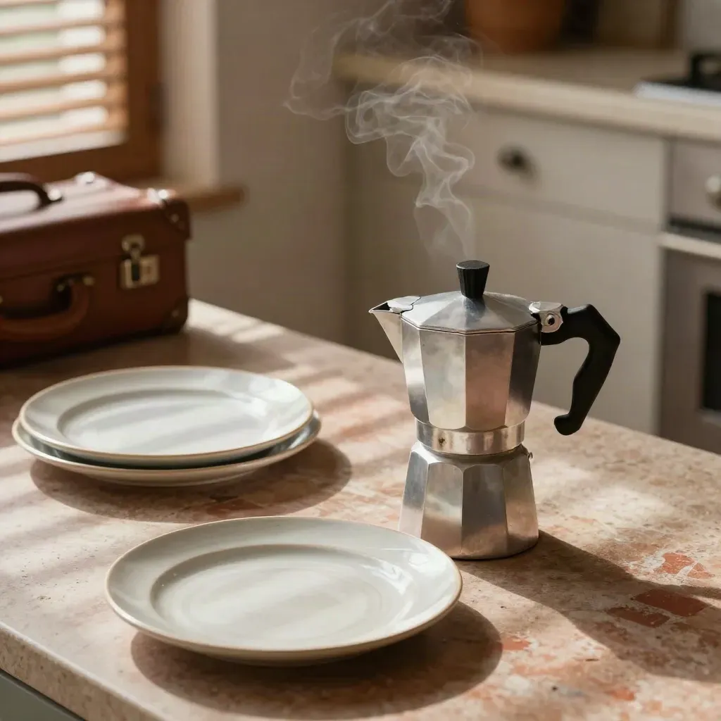 Cucina barese al mattino con moka, valigia e persiane socchiuse nella luce salmastra.