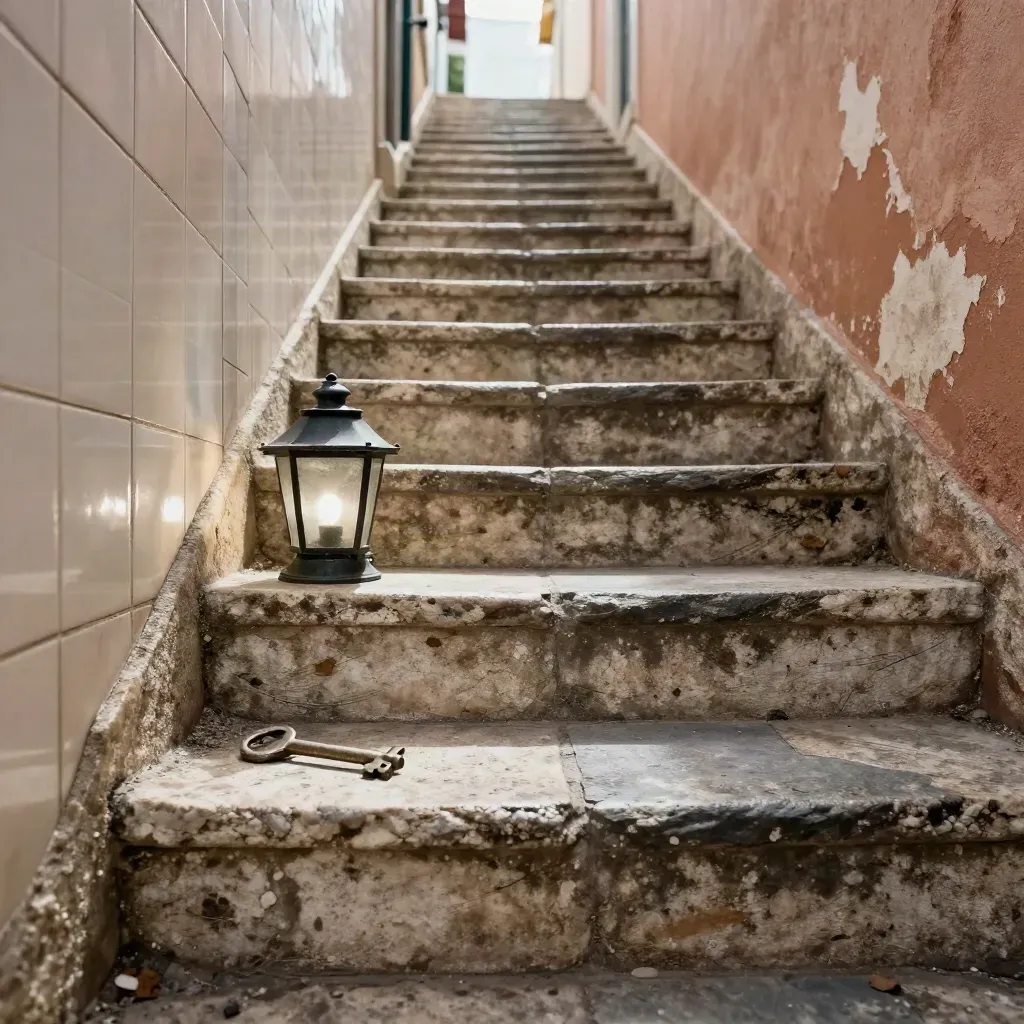 Scala stretta di Lisbona con chiave su pietra, piastrelle chiare e lanterna spenta in luce mattutina.